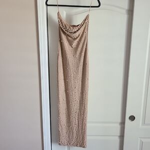 PrettyLittleThing Nude Beaded Strapless Cowl Midi Dress